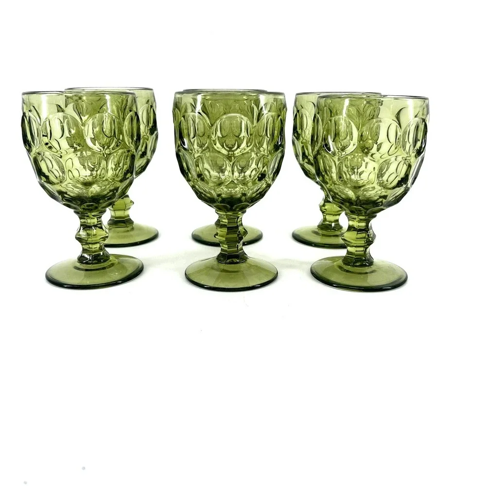 VTG Imperial Glass Avocado Green Thumbprint Goblets Set of 6 MCM Stemware